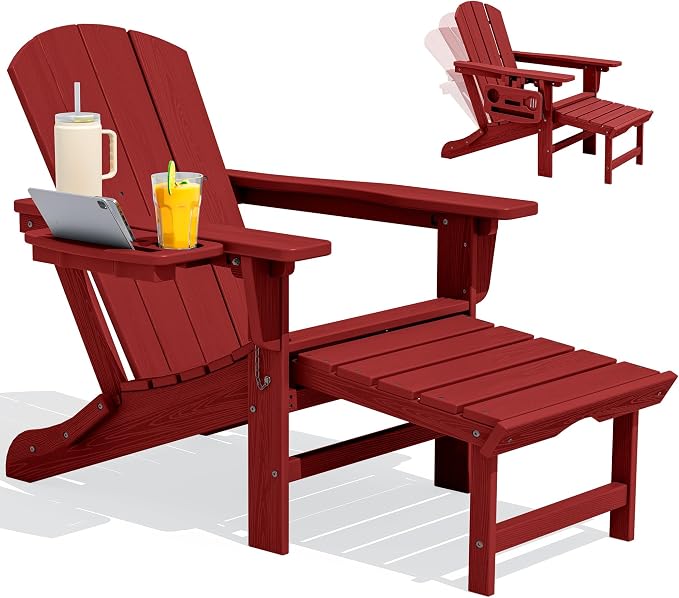 SERWALL Folding Adjustable Adirondack Chair with Footrest, HDPE Outdoor Chair with 4-in-1 Cup Holders, All Weather Adirondack Chair with Ottoman, Red