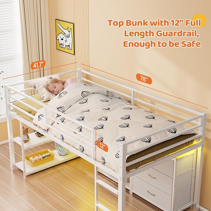 JOYMOR Low Loft Bed Twin Size with 3 Storage Drawers, 2 Tier Storage Shelves, 2 Tier Bookcase and LED Lights, Metal Kids Loft Bed with Safety Guardrail, Spave Saving Design (White)