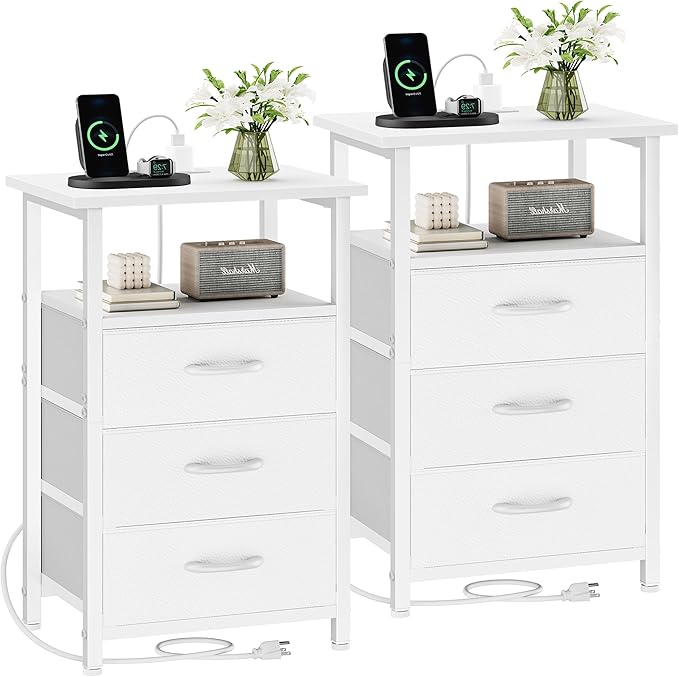 Vagusicc Nightstand Set of 2 with Charging Station, Bedside Table with USB Ports and Outlet, End Table Side Table with 2 Fabric Drawers and Storage Shelf, Bed Side Table Night Stand for Bedroom, White