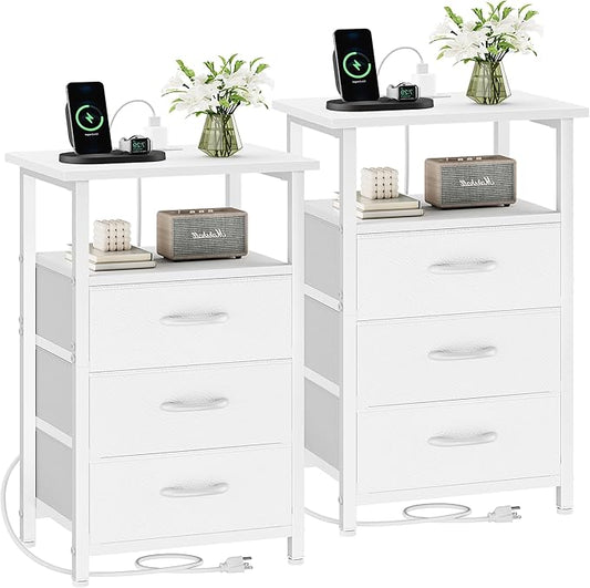 Vagusicc Nightstand Set of 2 with Charging Station, Bedside Table with USB Ports and Outlet, End Table Side Table with 2 Fabric Drawers and Storage Shelf, Bed Side Table Night Stand for Bedroom, White