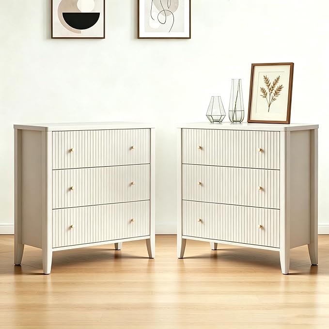 Fatmok Fluted 3 Drawer Dresser for Bedroom, 34" Wide Chest of Drawers, Modern Wood Nightstand End Table with Metal Handles, Striped Storage Cabinet for Living Room, Hallway, Entryway, Alabaster White