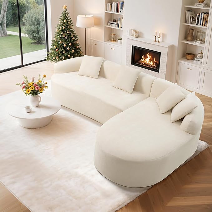 99" Curved Sectional Sofa with Chaise, Modern Boneless Couch with Deep Seat, L Shaped 3-Seater Cloud Couch for Living Room, No Assembly Needed, Chenille (Beige, Right Chaise+Left Sofa)