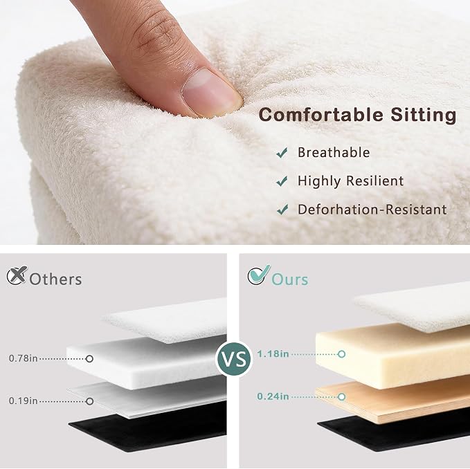 CAROLMADE Folding Storage Ottoman Cube Sherpa Footstool with Wood Legs Ottoman Footrest for Living Room and Bedroom, White 15"x12.6"x15.4"