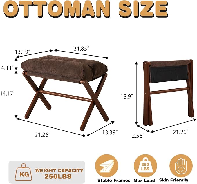 Baveke Ottoman Foot Rest- Bamboo Folding Stool, Foot Stools Small Ottman with Upholstered & X Legs, Foldable Stool for Makeup, Bedroom and Living Room, FSC-Certified (Large Brown)
