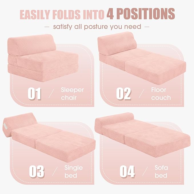 Kasunpul Folding Sofa Bed with Pillow, Memory Foam Fold Out Chair Bed, Convertible Sleeper Chair with Washable Cover, Futon Floor Couch for Living Room/Dorm/Guest Use/Home Office/Apartment,Pink