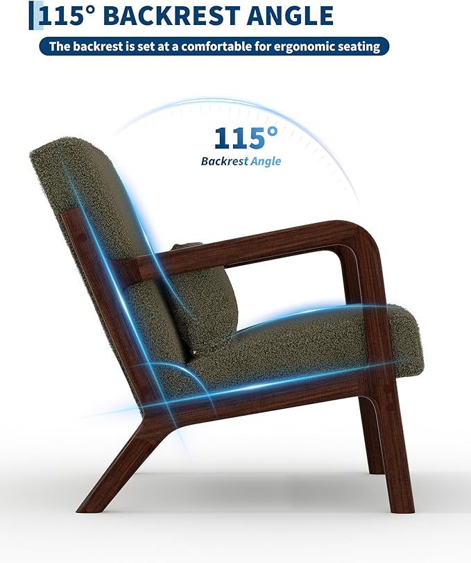 Garvee Mid-Century Modern Accent Chair, Sherpa Upholstery, Solid Wood Armchair with Removable Lumbar Pillow, Sturdy Reading Chair for Living Room, Bedroom, Guest Room, Easy Assembly, Green