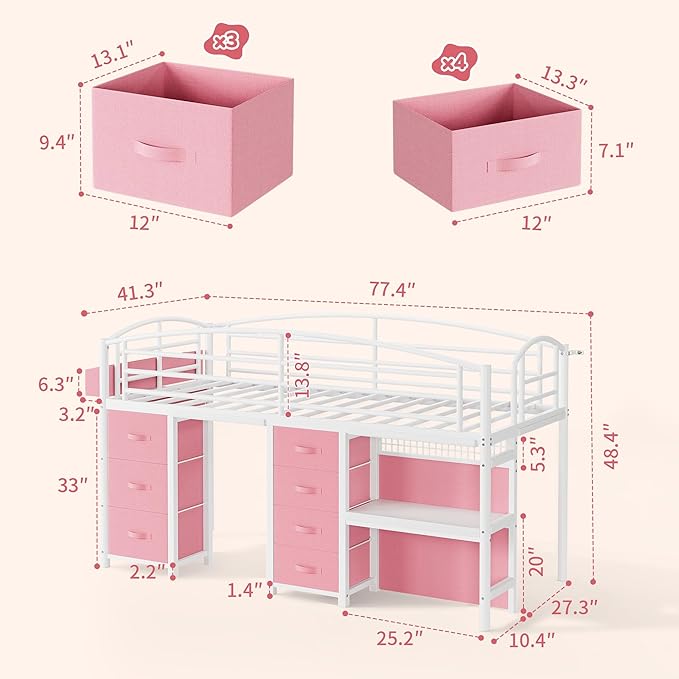 Twin Low Loft Bed with Desk, 7 Storage Drawers & LED Lights, Kids Metal Loft Bed with 12" H Safety Guardrail, Underbed Play Space & Curtain, Anti-Collision Pad (Pink)