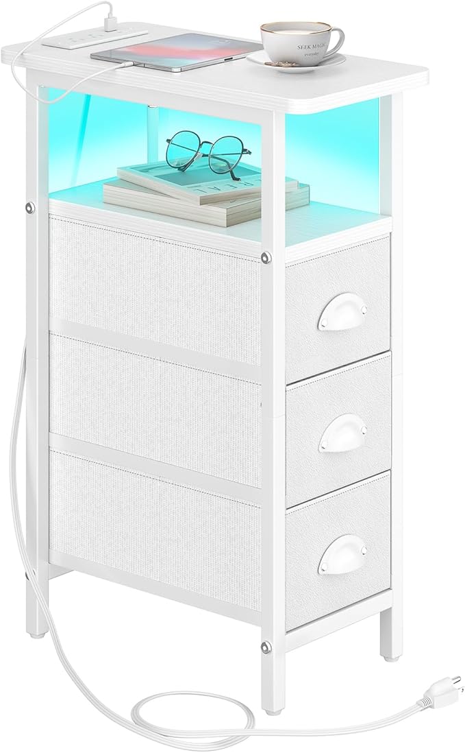 sthmec End Table with Charging Station,LED Side Tables with USB Ports and Outlets,Skinny Bedside Tables with 3 Drawers,Small Tabls Nightstands for Small Space,Slim Sofa Table for Livingroom, White