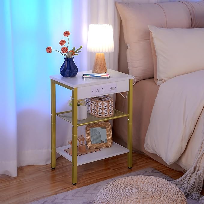 HOOBRO Side Table with Charging Station and USB Port, Small End Table for Small Space, 3-Tier Nightstand with Adjustable Shelf, for Living Room, Bedroom, White and Gold DW112BZ01G1