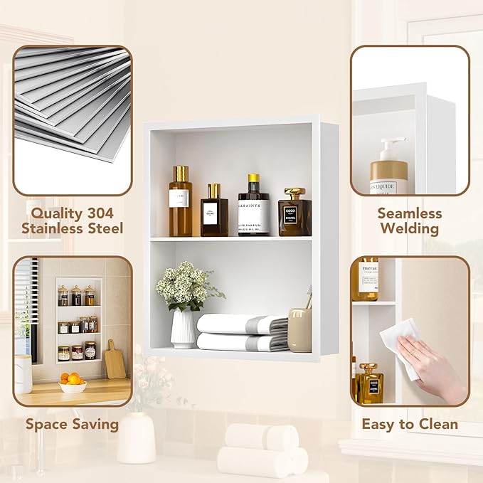 14x18 Recessed Medicine Cabinet, Bathroom Wall Cabinet, 304 Stainless Steel Recessed Wall Niche with 2-Tiers Shelves, Matte White