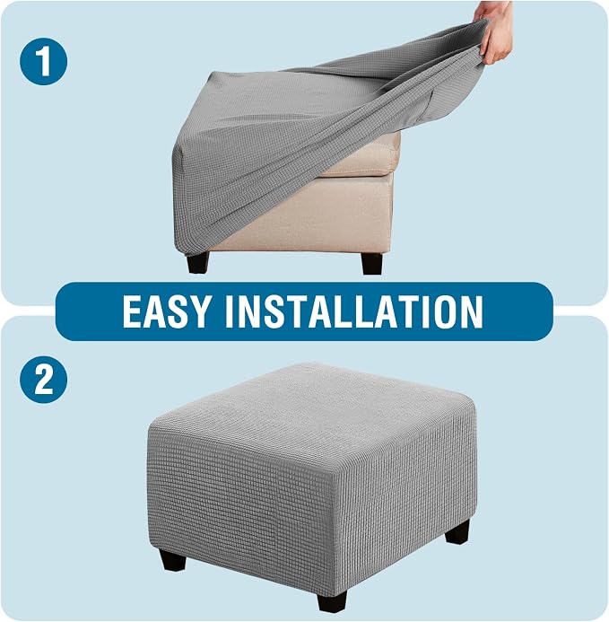 H.VERSAILTEX Square Ottoman Covers Ottoman Slipcovers Folding Storage Stool Furniture Protector Form Fit with Elastic Bottom, Stretch High Spandex Small Checks Jacquard Fabric(Large,Dove)