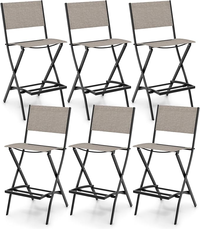 Giantex Folding Patio Bar Chairs Set of 6, Outdoor Counter Height Bar Stools with Footrest & Back, All-Weather Resistant, Metal Frame, for Porch Deck Lawn Garden (Light Brown)