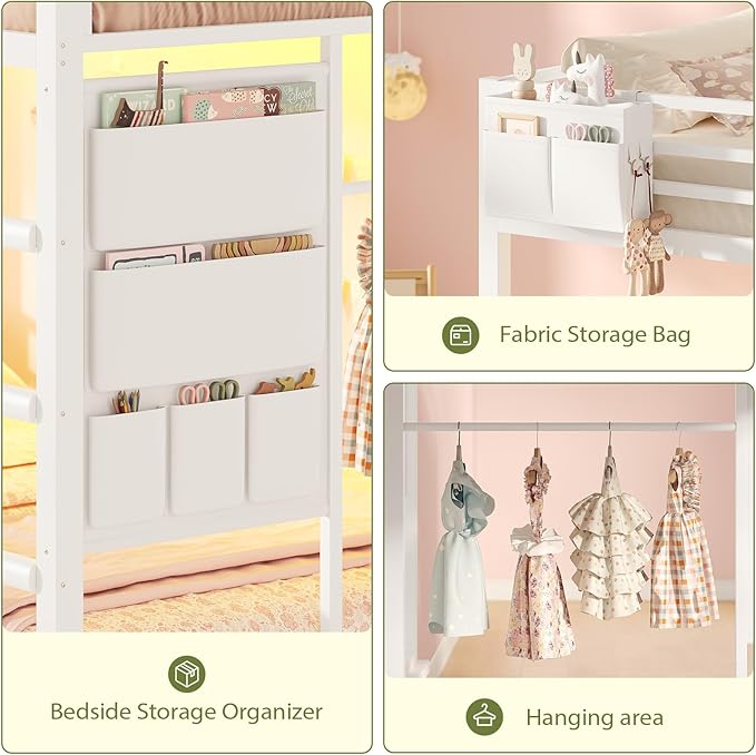 UPOSOJA Bunk Bed Twin Over Twin Bed Frame with LED Lights, Metal Bunk Bed with 13" Guardrail & 3-Step Ladder, Space Saving for Kids and Teen, White