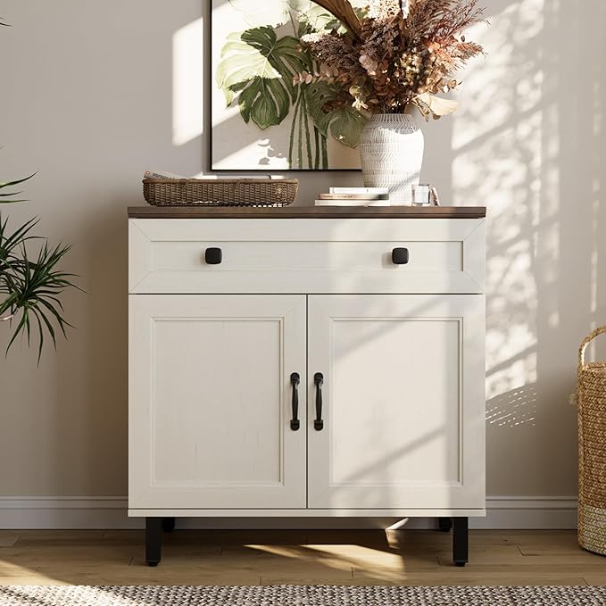 FENSULN Buffet Sideboard Cabinet Farmhouse Modern Storage Cabinet with Drawer and Doors for Kitchen, Coffee Bar, Living Room, White