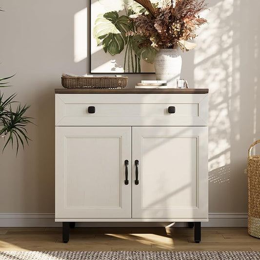 FENSULN Buffet Sideboard Cabinet Farmhouse Modern Storage Cabinet with Drawer and Doors for Kitchen, Coffee Bar, Living Room, White