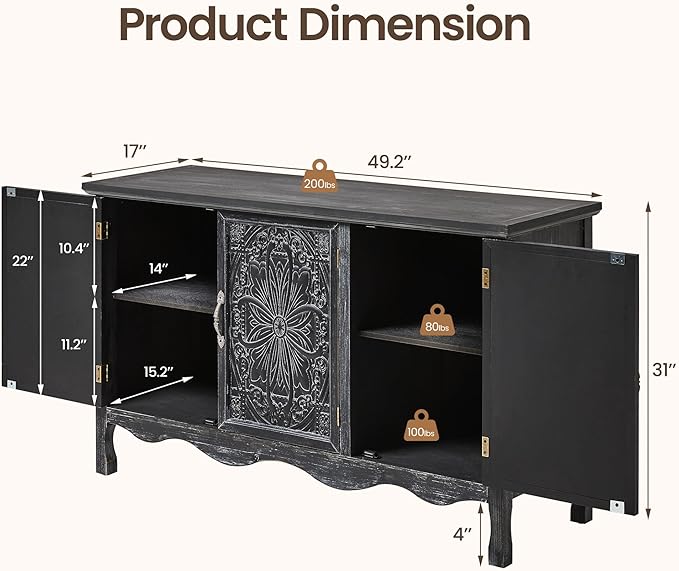 RoyalCraft Buffet Cabinet with Storage, Vintage Solid Wood Sideboard Table Coffee Bar Wine Bar Storage Cabinet with 3 Doors for Dining Room, Living Room, Hallway, Distressed Black