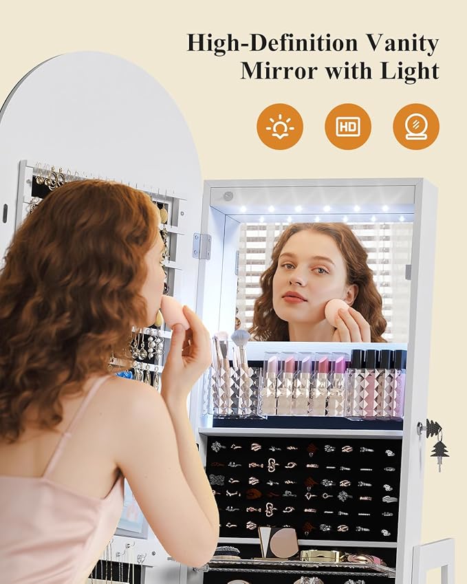 LVSOMT LED Arched Mirror Jewelry Cabinet Standing, Lockable Jewelry Armoire, Full-Length Mirror with Storage, Space-Saving Jewelry Organizer Mirror, Foldable Makeup Shelf, Gift for Women(LED White)