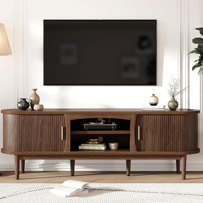 Decofy Mid Century TV Stand for TVs up to 70 Inches, Entertainment Center with Storage, Power Outlet, Fluted Sliding Doors & Adjustable Shelves, Modern Media TV Console Table for Living Room (Walnut)