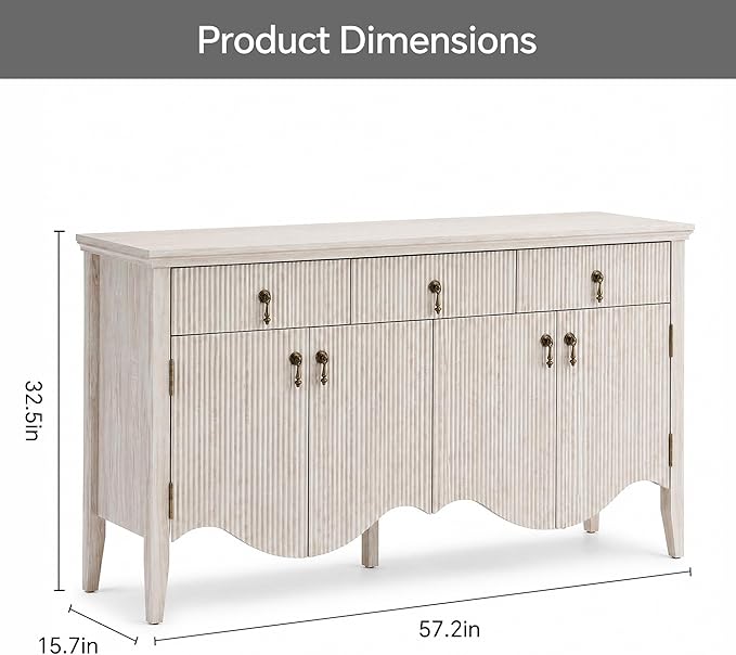 FUSUNBAO 57-Inch Sideboard Buffet Cabinet with 3 Drawers and 4 Doors, Vintage Fluted Sideboard with Scalloped Base, Vintage Storage Cabinet for Dining Room, Organic Modern Accent Cabinet, White Oak