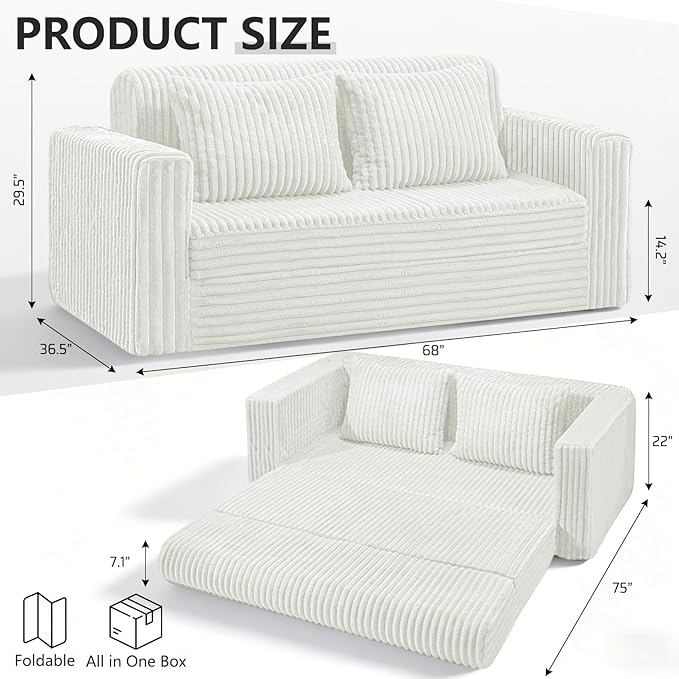 HABUTWAY 68" Loveseat Boneless Couch, 4-in-1 Convertible Sofa Bed, Plush Fur Folding Futon Sofa Bed Couches with 2 Pillows for Living Room, High-Density Foam Support, No Assembly Required, Beige