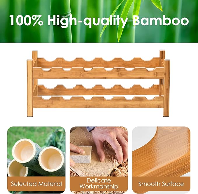 COSTWAY Wine Rack, Bamboo 12 Bottles 2-Tier Wine Display Rack for Countertop Home Kitchen Pantry, Freestanding Wine Storage, Rack Tabletop Wine Rack, Bar, Pantry, Cellar, Nature (24.5L x 9.5W x 10H)