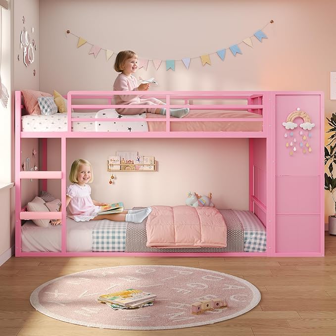 BTHFST Bunk Bed Twin Over Twin with 6 Large Fabric Drawers & 4 Storage Bookshelf, Metal Low Bunk Bed for Kids with LED Lights & Ladder and Guardrail, Space Saving, for Girls, Pink