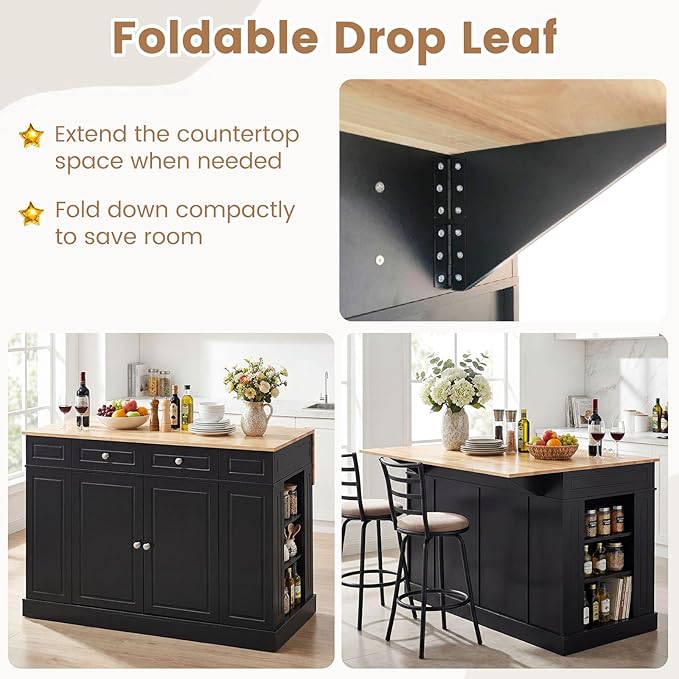 Giantex Kitchen Island with Storage & Drop Leaf, 48" Stationary Island Table with Rubber Wood Top, 2 Drawers, Cabinet, Adjustable Shelf, Butcher Block Island for Living Dining Room, Bar (Black)