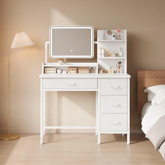 YeTom Vanity Desk with Mirror and Lights, Makeup Vanity Desk with 4 Fabric Drawers & Storage Shelves & Side Table, 3 Color Modes & Adjustable Brightness, White Vanity, Bedroom Furniture