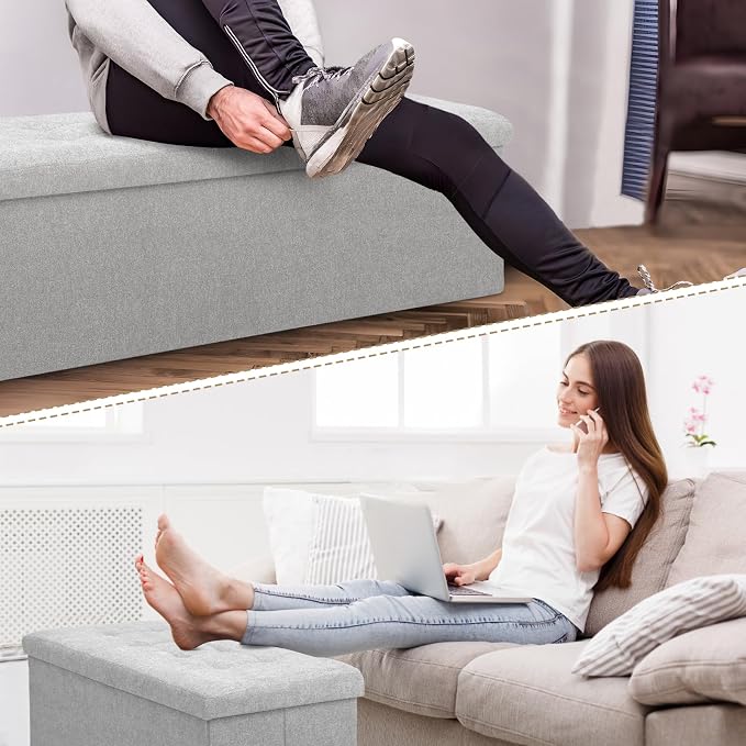 Athena Collection Ottoman Bench with Storage, 43 Inches Large End of Bed Storage Ottoman Bench, 130L Load 220 Lbs Linen Foot Rest for Bedroom, Living Room, Entyway, Light Gray
