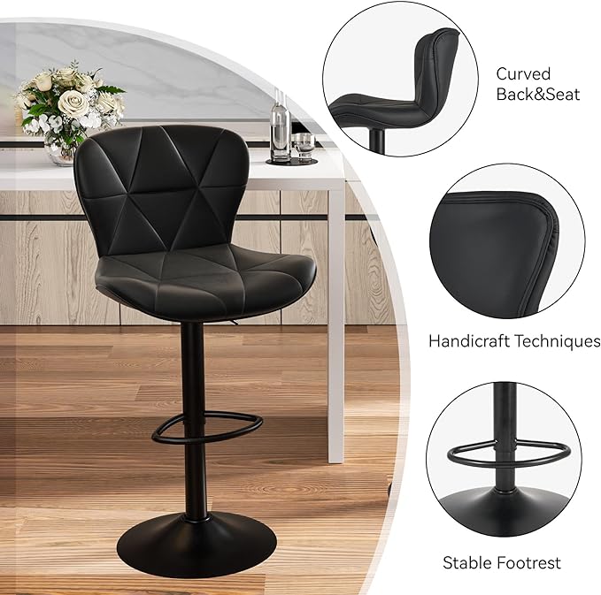 Nalupatio Modern Bar Stools Set of 4, Adjustable Faux Leather Upholstered Swivel Bar Stools, Counter Height Bar Chairs with Back for Kitchen Island, Black