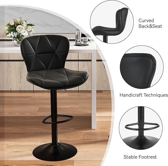 Nalupatio Modern Bar Stools Set of 3, Adjustable Faux Leather Upholstered Swivel Bar Stools, Counter Height Bar Chairs with Back for Kitchen Island, Black