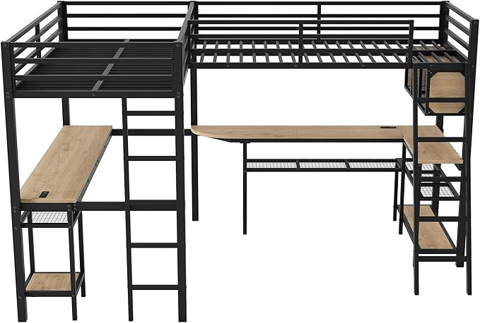 Twin Size Loft Bed with L-Shaped Desk and Storage Shelves, Heavy Duty Metal Loft Bed with LED Lights and and Charging Station for Kids Teens Adults, Saving Space, No Box Spring Needed, Black