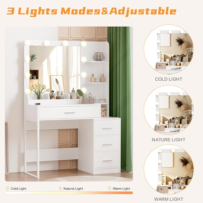 KAMABOKO Vanity Desk with Lighted and Mirror, White Makeup Table with Drawers and Charging Station, 3 Model Adjustable for Bedroom & Dressing Room (038 White)