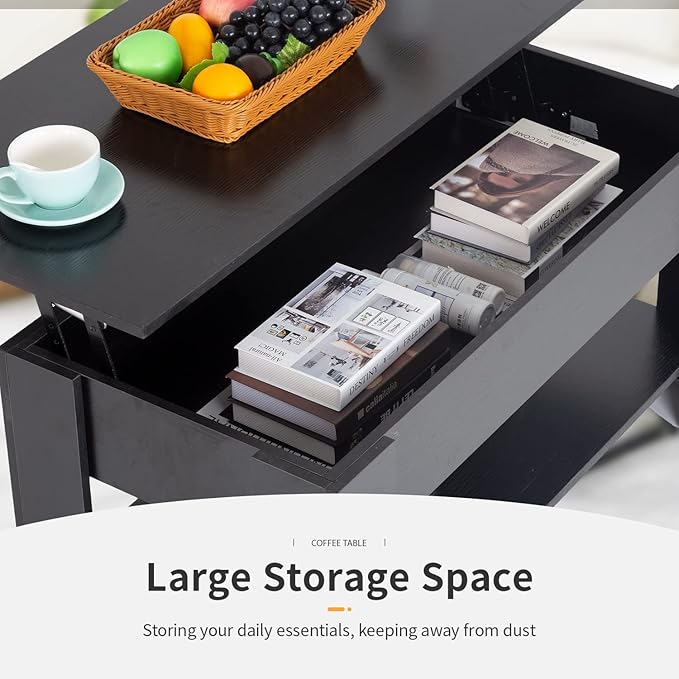 FDW 39.4" Lift Top Coffee Table with Hidden Compartment and Storage Shelf Wooden Lift Tabletop for Home Living Room Reception Room Office (Black)