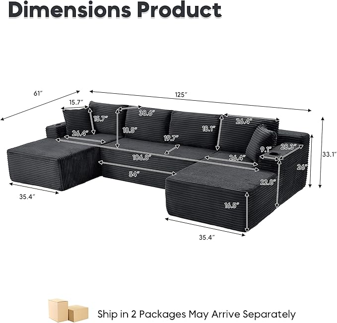 125 Inch Modular Sectional Sofa, Cloud Couch Oversized U Shaped Corduroy Sofa with Storage & Cupholders, Modern Deep Seat Boneless Couches for Living Room, No Assembly Required, Dark Grey