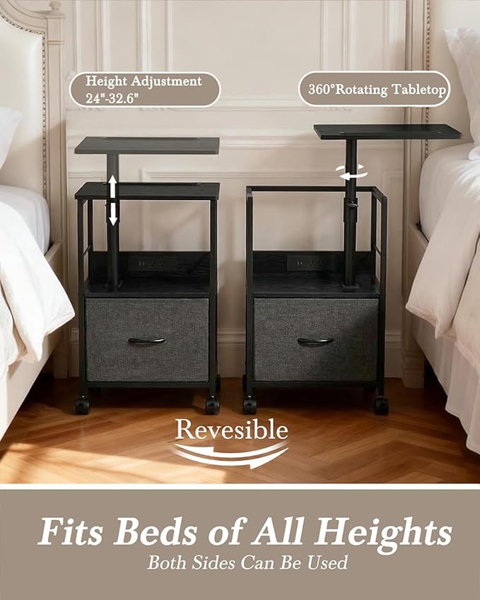 Faesun Swivel Lift Top Nightstand with Charging Station, Rolling Side Table for Recliner, Bedside Table with Wheels & a Fabric Drawer, for Small Spaces, for Bedroom, Living Room, Black Gray