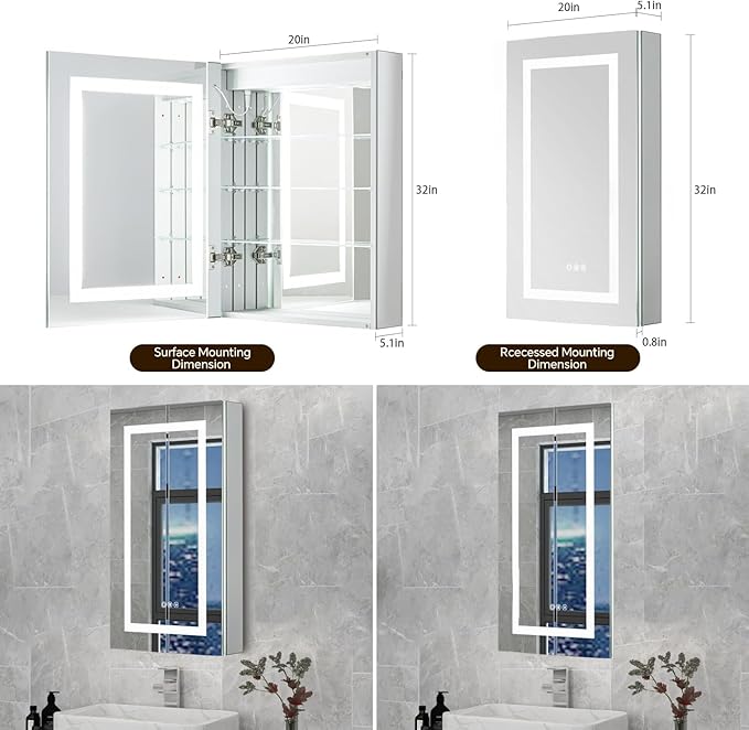 20x32 Bathroom Mirror LED Medicine Cabinet with Lighted 3 Colors, Recessed Surface Wall Mounted LED Medicine Cabinet, Anti-Fog Tempered LED Mirror with Storage, Stepless Dimming, 2 Outlets