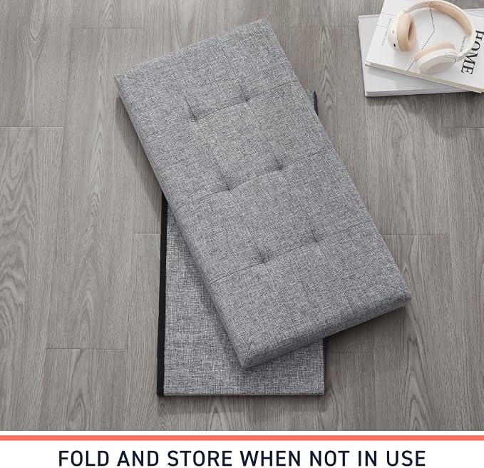 Ornavo Home Folding Storage Ottoman, 30 Inch Large Storage Bench with Lid, Foot Rest Stool for Bedroom, Living Room, Entryway, Tufted Linen Upholstered - Gray