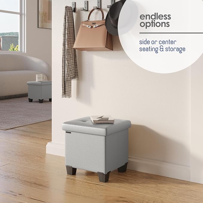 Storage Ottoman Cube with Small Bin, 15-in Square Ottoman with Storage for Living Room and Bedroom, Small Ottomans Foot Rest, Leather Foot Stools Ottomans Max 330lbs, Light Grey
