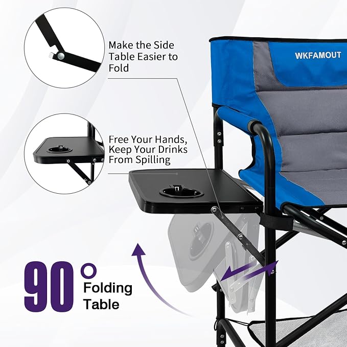 Tall Folding Directors Chair with Side Table 30.71" Seat Height Foldable Camping Chair Bar Stool for Makeup Artist Face Painting with Footrest and Storage Pocket Supports 350LBS