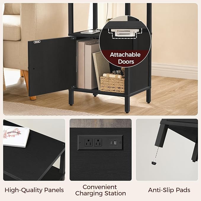 MAHANCRIS Farmhouse Nightstand with Charging Station, Black Bedside Table with USB & Type-C Ports, End Table with Storage and Open Shelf, Modern Side Table for Bedroom, ETBK96E01