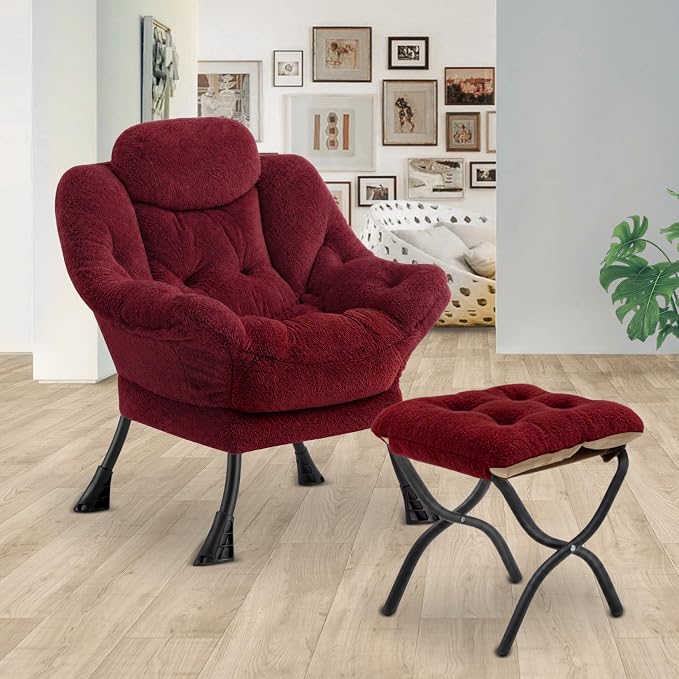 Lazy Chair with Folding Ottoman,Leisure Sofa Chair,Soft Fabric Armchair with Armrests and Side Pockets, Reading Chair with Footrest for Living Room, Bedroom, Office (Plush Red)
