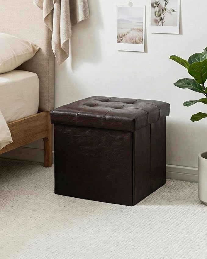 B FSOBEIIALEO Storage Ottoman Small Cube Foot Rest Seat Faux Leather, Brown 12.6"X12.6"X12.6" (2 Pack)