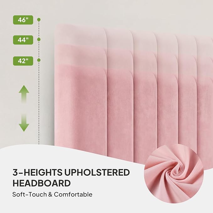 Welzona Queen Size Velvet Bed Frame with 2 Storage Drawers, Fully Upholstered Metal Platform Corner Bed Frame with Vertical Tufted Headboard, 3-Level Height, Easy Assembly, No Box Spring Needed, Pink