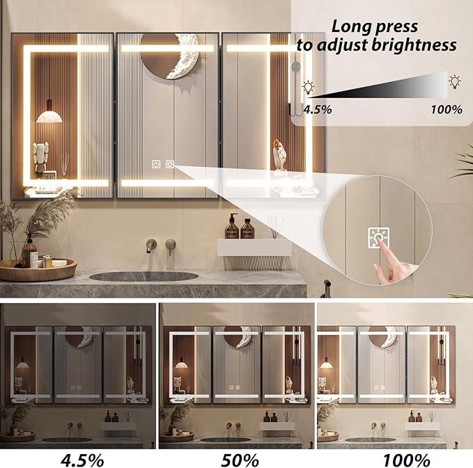 APRILSOUL 48x32 Inch Lighted Bathroom Medicine Cabinet with Mirror, Black Recessed or Surface Mount Medicine Cabinet Mirror with Storage and LED Lights, 3 Colors Temperature, Dimmable Light