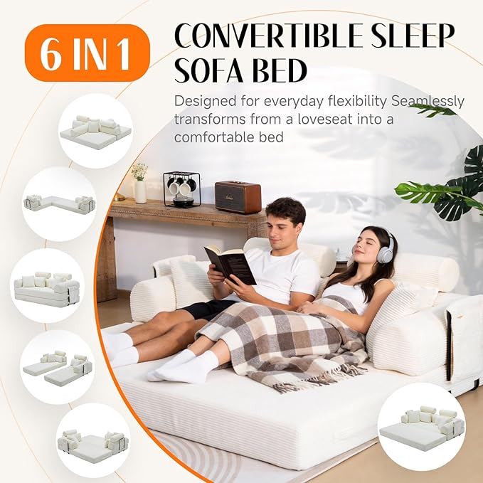 79" Convertible Boneless Couch for Small Spaces, 6-in-1 Corduroy Sofa Bed with High Backrest, Pillows, High-Density Foam Loveseat Sleeper Couch in a Box for Living Room, No Assembly, Beige
