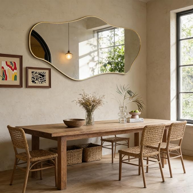 Large Irregular Mirror, 63"x29" Asymmetrical Full Length Mirror with Gold Metal Frame, Unique Shaped Abstract Wall Mirrors for Living Room Dressing Bathroom Bedroom Hallway Entryway