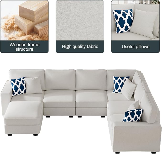 Legend Vansen Oversized Modular Sectional Sofa,U/L‑Shaped Reversible Couch with Ottoman,Deep Seat Plush Polyester Sofa for Living Room,7‑Seater,Cream