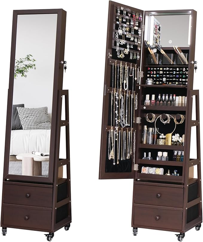 Rotating Standing Jewelry Cabinet with Lockable,Full Length Mirror with Storage Large Capacity Jewelry Organizer Armoire Floor Mirror with Back Storage Shelves for Bedroom Brown