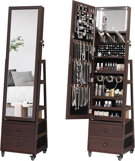 Rotating Standing Jewelry Cabinet with Lockable,Full Length Mirror with Storage Large Capacity Jewelry Organizer Armoire Floor Mirror with Back Storage Shelves for Bedroom Brown